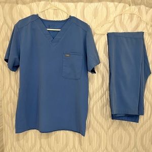Mens Figs Scrub Top & Bottom Set - Small In Ceil Blue